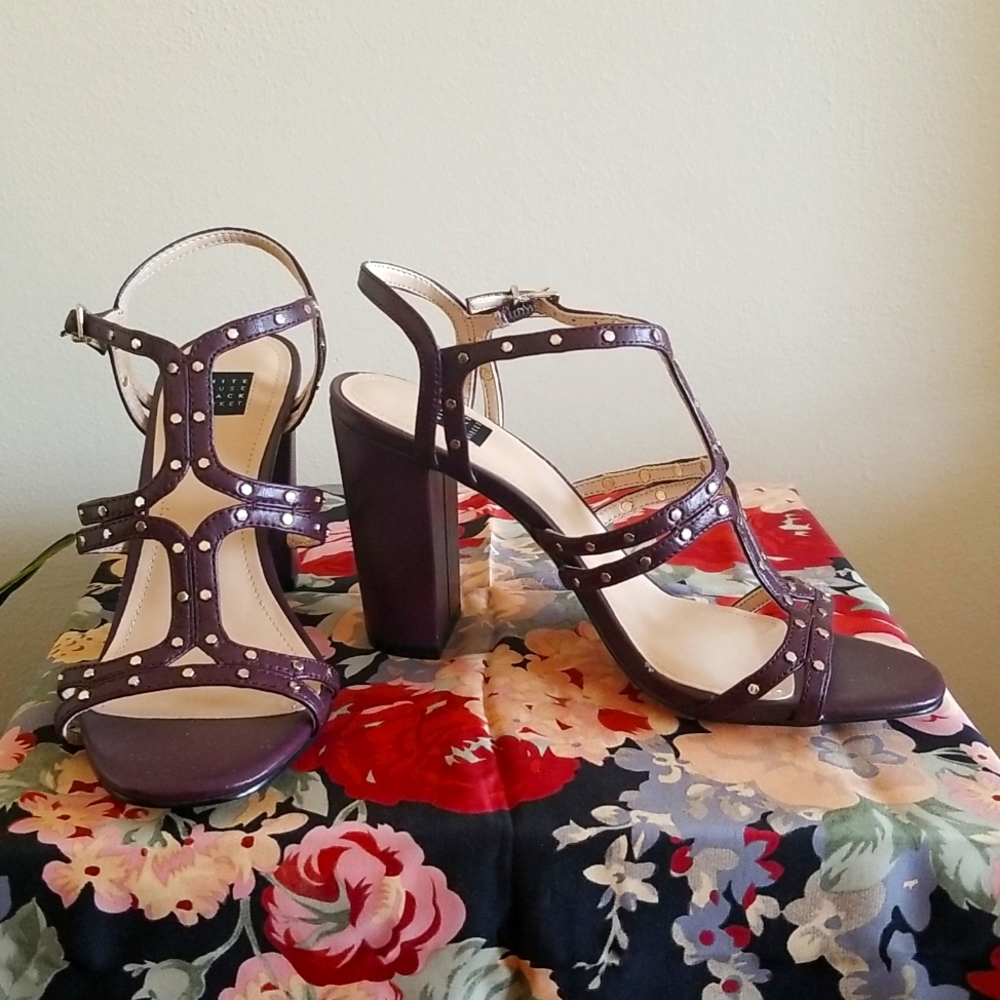 WHBM Burgundy Plum Studded Leather Chunky Heel Size 6.5